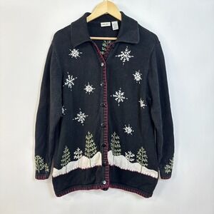 Vintage Embroidered Winter Themed Cardigan Sweater 14W/16W Snowflakes Trees